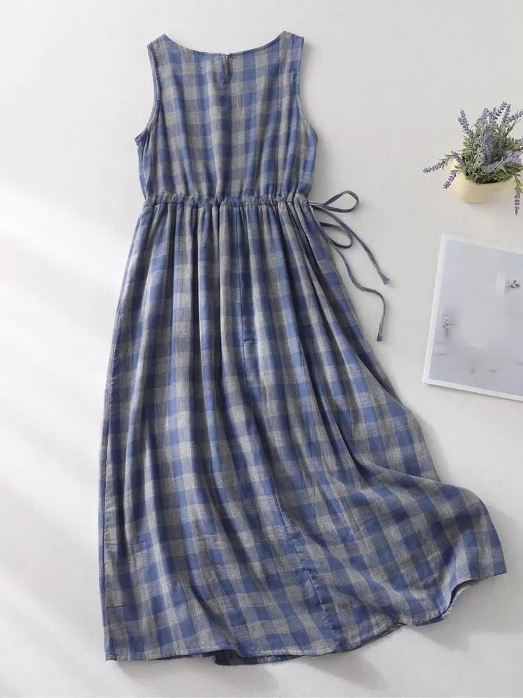 Женское платье-трапеция с цветочным принтом, Sleeveless, Blue Big Plaid — фото 3