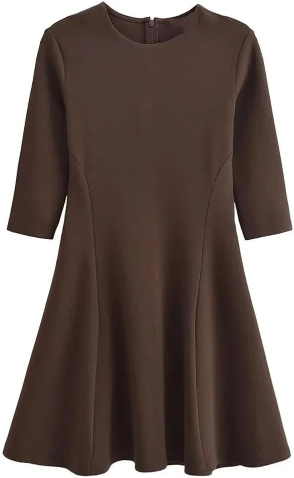 Женское короткое платье A-силуэта с круглым вырезом, Solid, Black