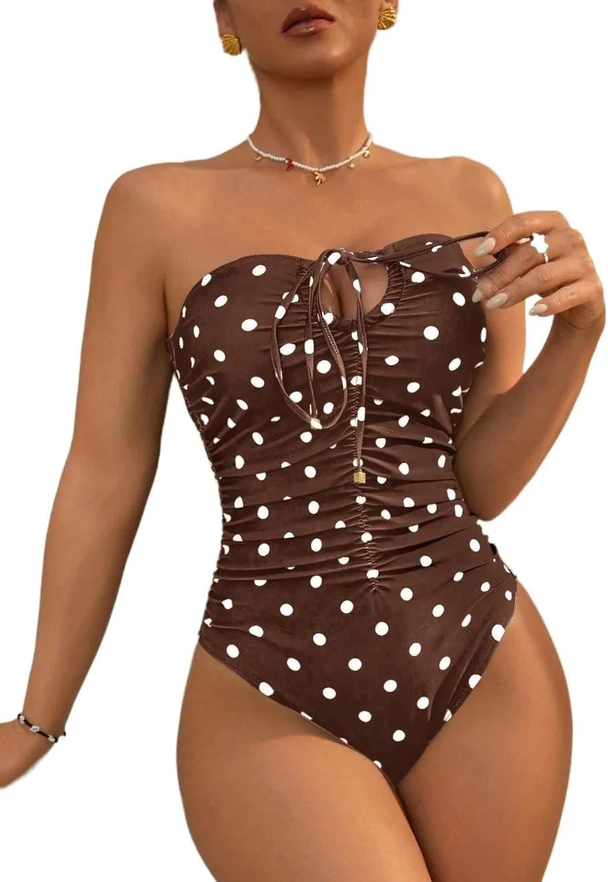 Женский купальник-слит с вырезами и рюшами, Polka Dot, Brown