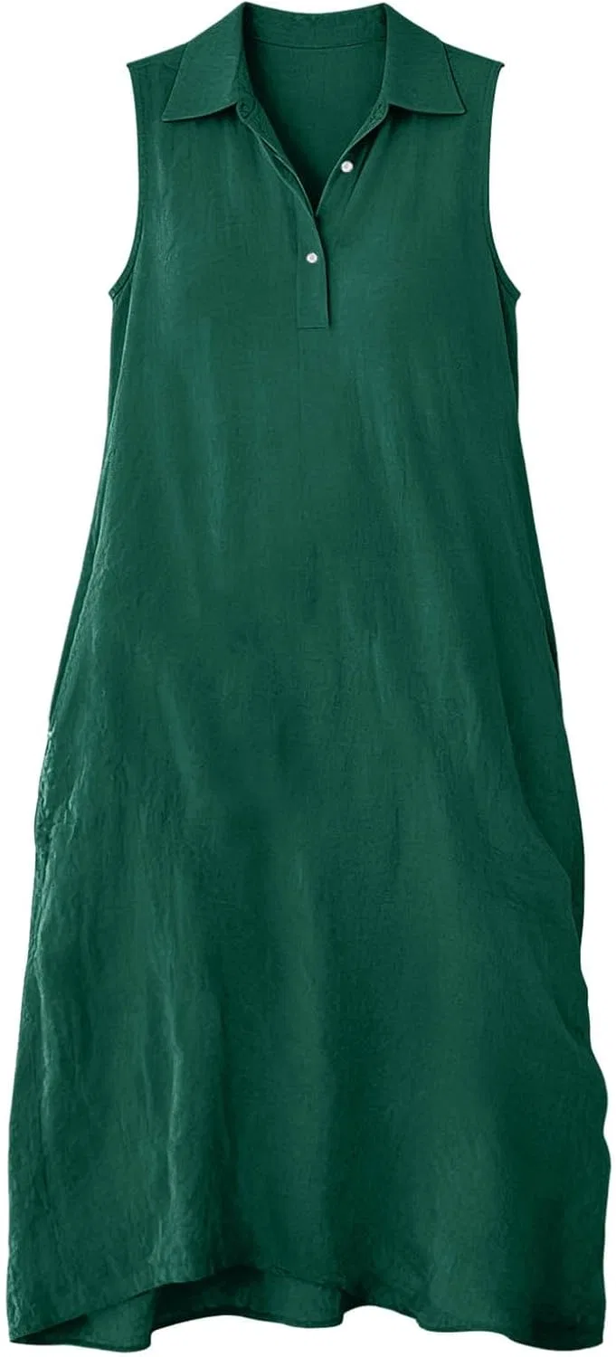 Женское льняное платье свободного кроя с воротником, Mint Green — фото 4