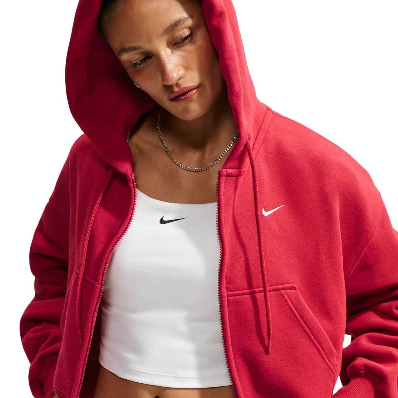 Женский укороченный худи с молнией Studio Fleece Nike, Tough Red/Sail — фото 3
