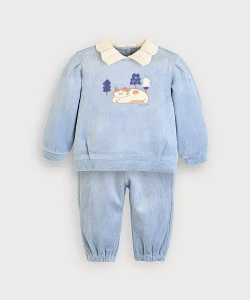Детский комплект с вышивкой кота из велюра с длинным рукавомmoimoln, Blue