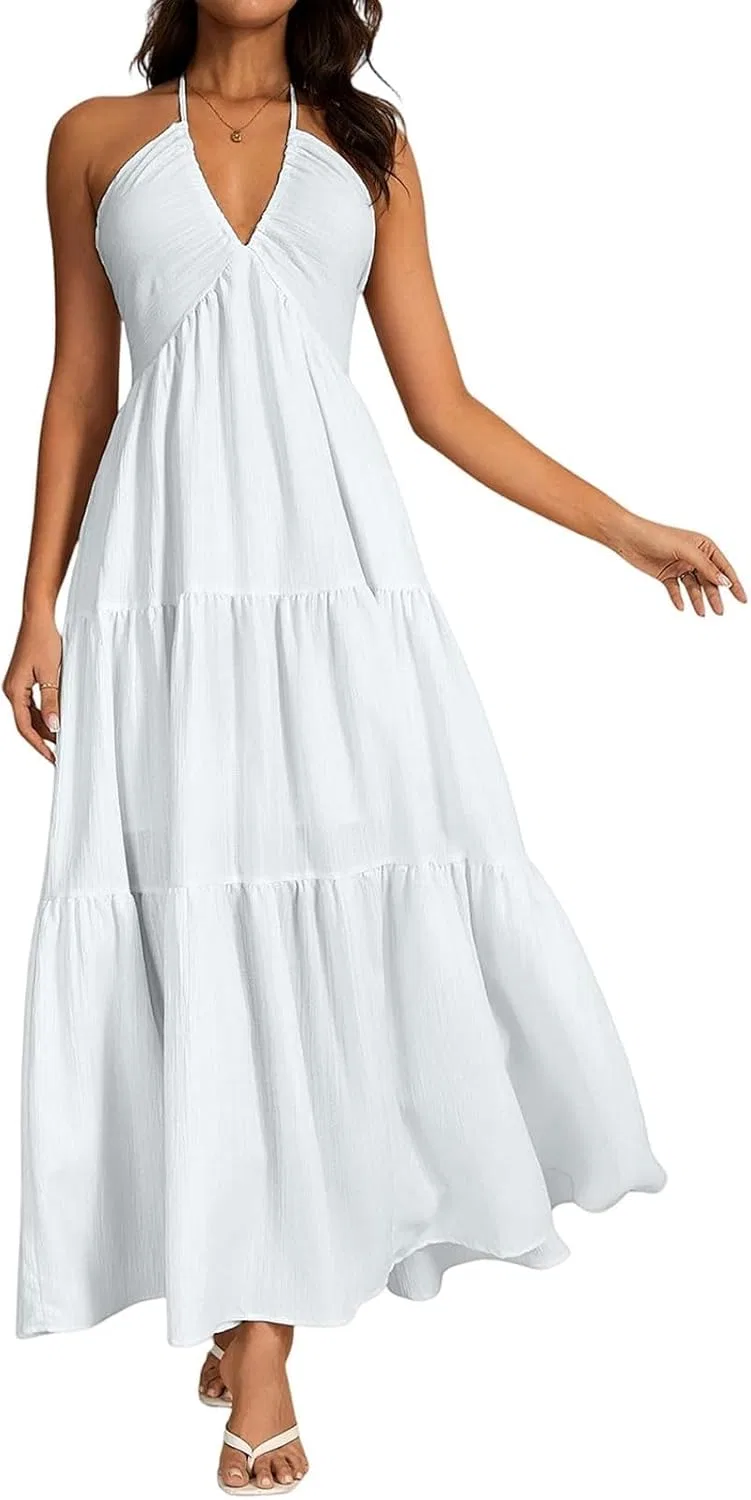 Женское макси платье с открытой спиной Halter, White