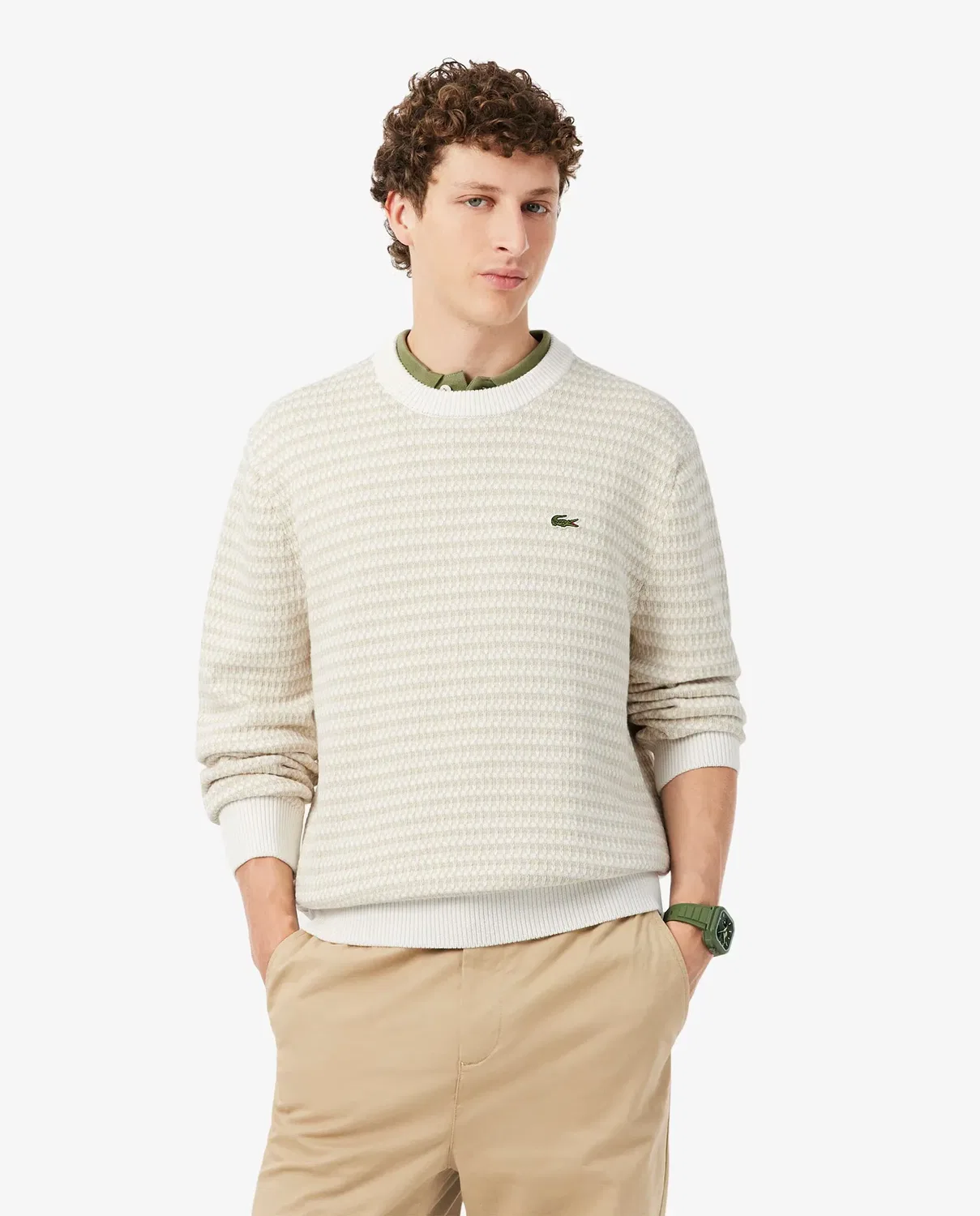 Джемпер Lacoste мужской из жаккардового хлопка, свободный крой, бежевый