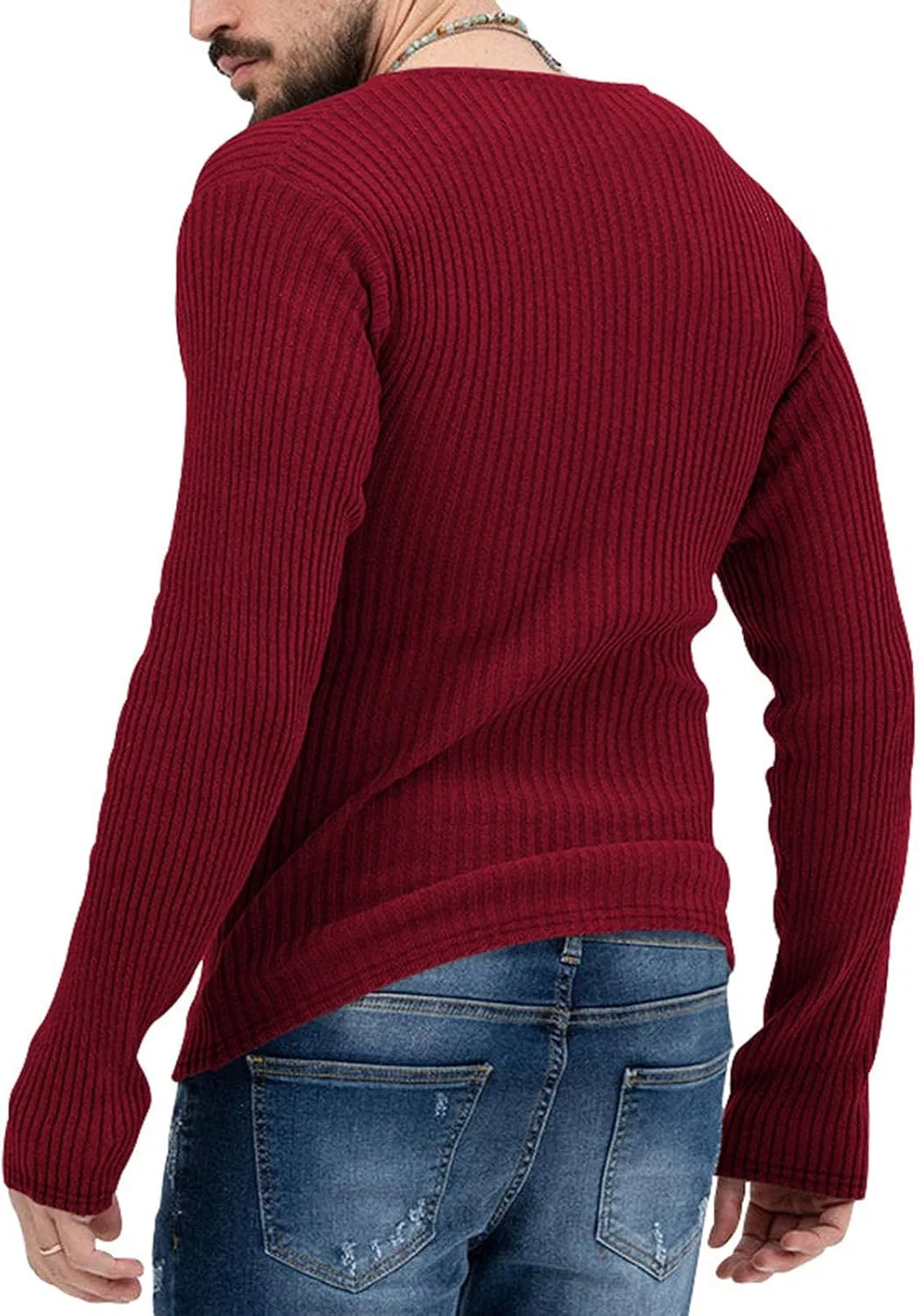 Мужская облегающая футболка с v-образным вырезом Long Sleeve, Red — фото 2