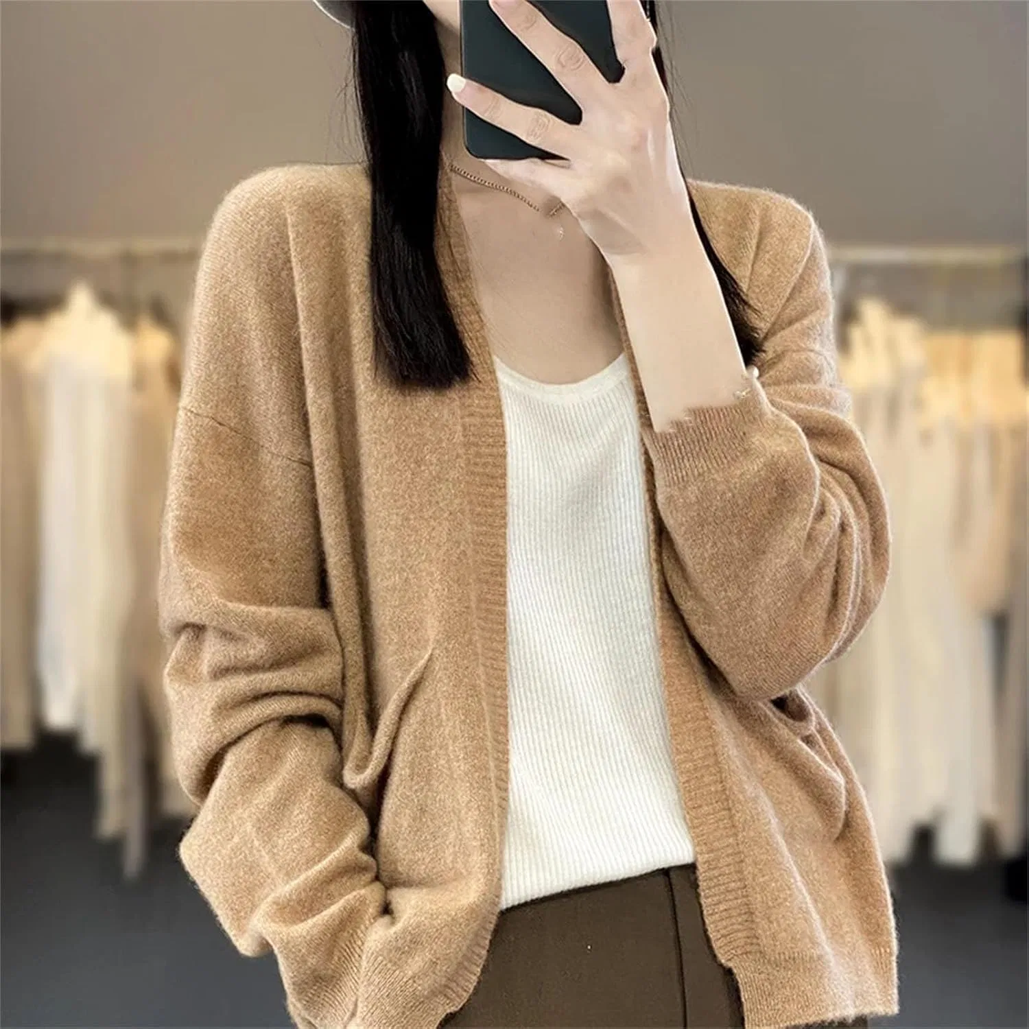 Женский кардиган с V-образным вырезом, свободный, Wool Blend, золотистый/кэмел — фото 4