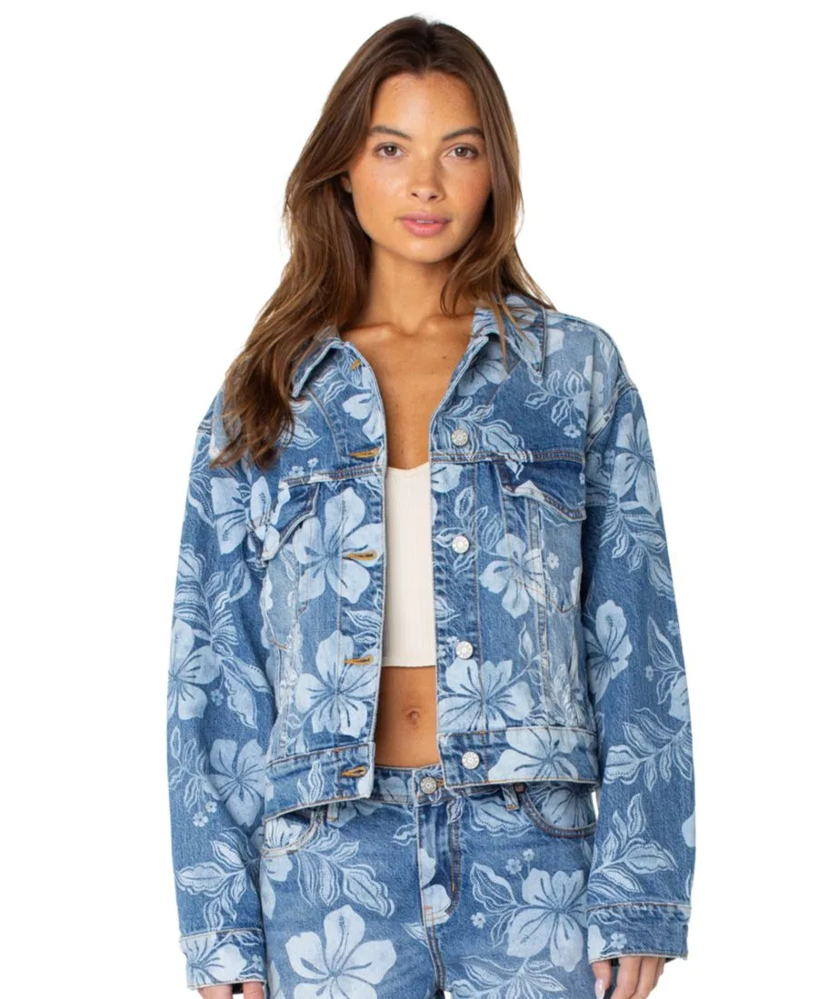Джинсовая куртка-кроп с цветочным принтом Big Tide Roxy, Flora Fade Print Denim Wash