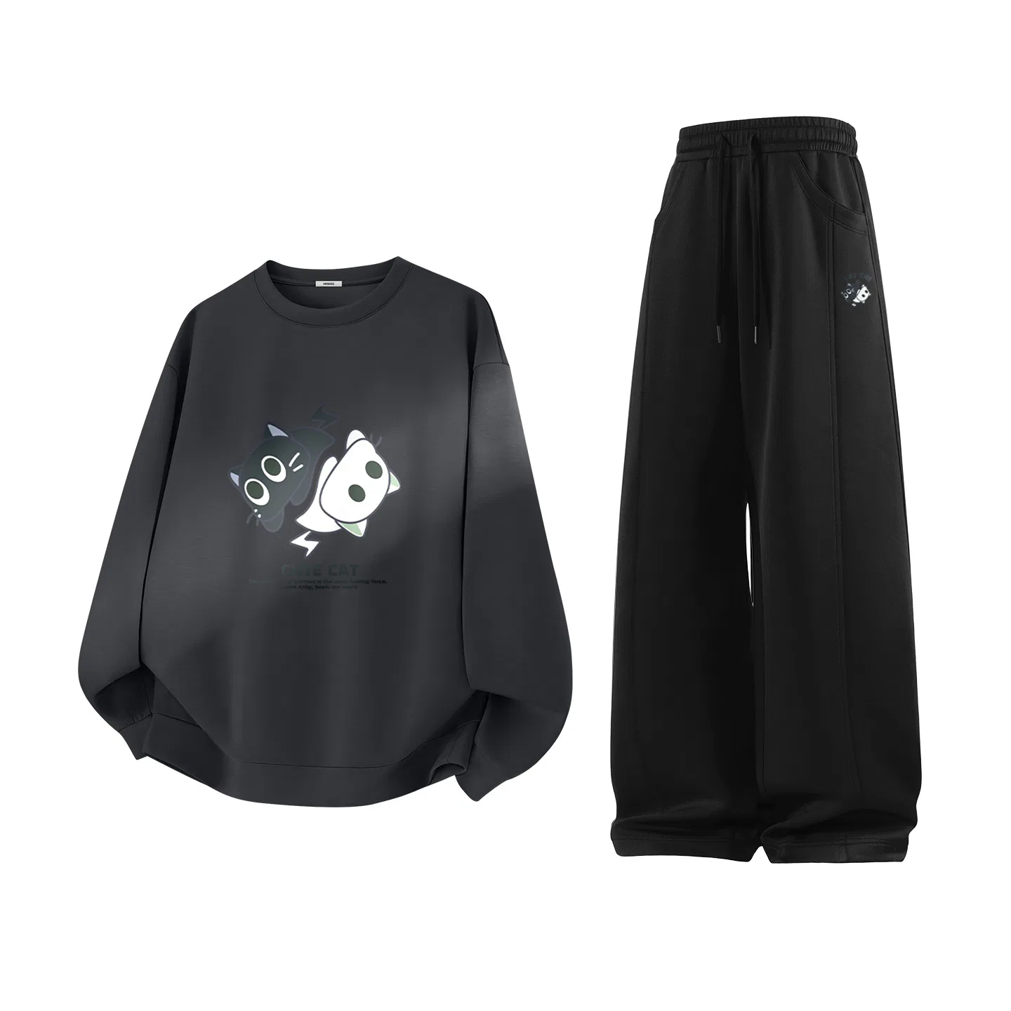 Детские комплекты из футера с принтом MINISO, Carbon Gray (Ma Tai Chi Cat)+Black (B Tai Chi Cat Pants Logo)