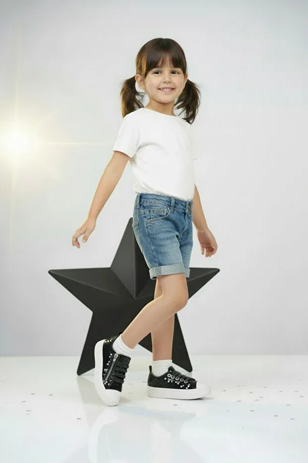 Детские кеды для девочек с блестками и шнуровкой Kids A More, Black — фото 4