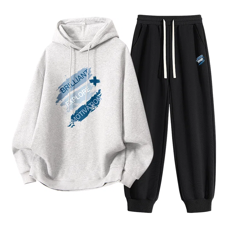 Детский спортивный костюм с принтом Drop Shoulder Hooded Pullover Long Sleeve Sweatshirt Straight Leg Cotton Skin-Friendly Ribbed Skin-Friendly Pants Tonlion, Heather Navy — фото 4