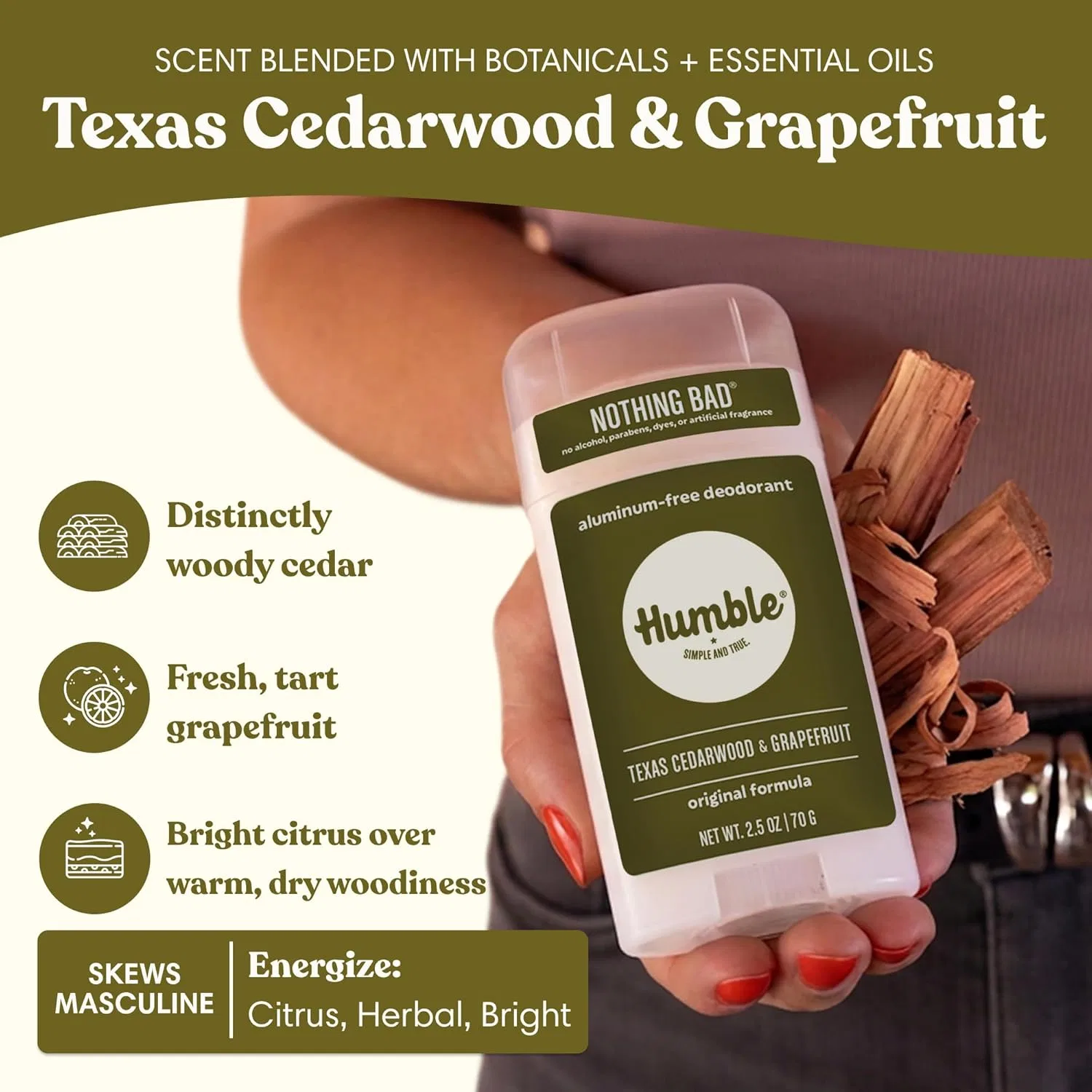 Дезодорант натуральный, Humble Simple and True, 1 шт, 2.5 fl oz, Texas Cedarwood and Grapefruit Humble Simple And True. — фото 4