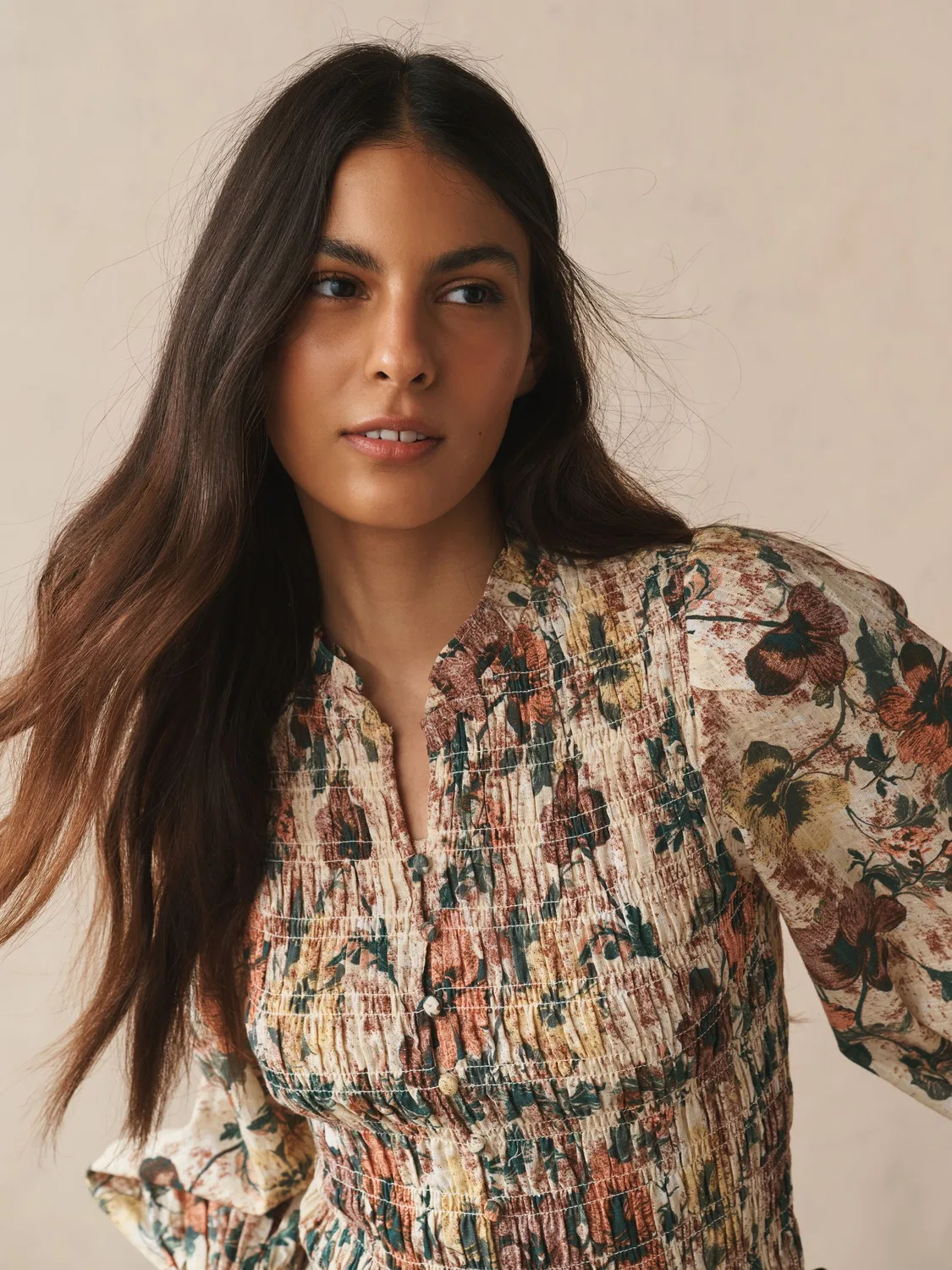 Блуза с воланами и пуговицами, Ecru Floral Print Next