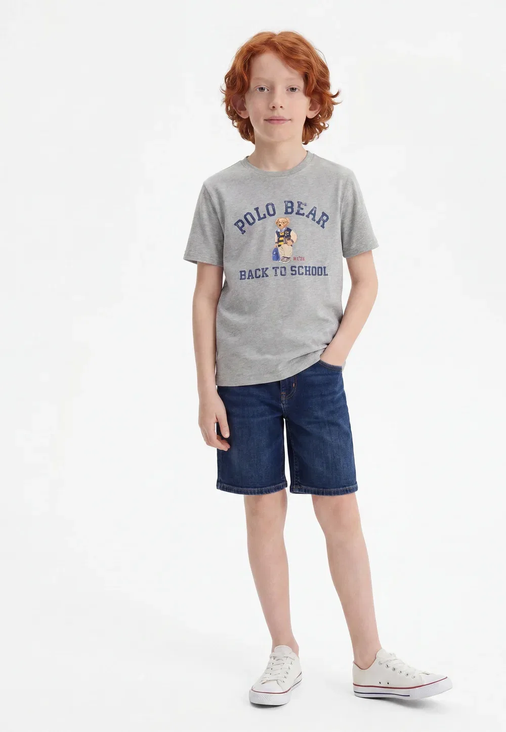 Футболка-Поло из хлопкового трикотажа с принтом "медведь" (размер 7-14 лет) Polo Ralph Lauren, Andover Heather