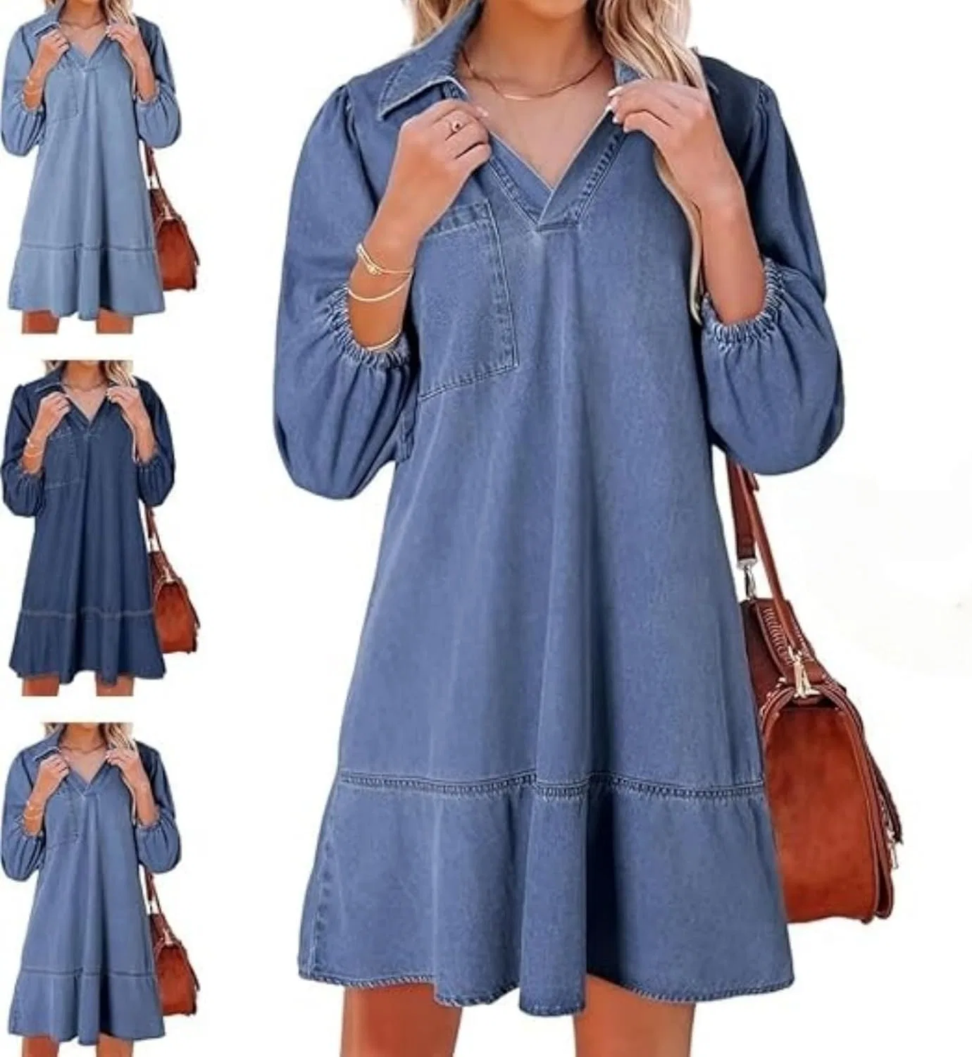 Женское джинсовое платье с V-образным вырезом и рукавами-фонариками, Light Blue