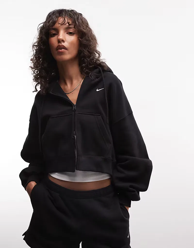 Укороченная толстовка Nike Studio Fleece средней плотности на молнии, черный