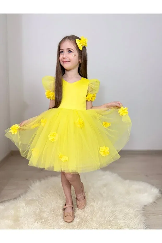 Детское платье для девочек с принтом Puffy Tulle Bodice Cotton Satin Children's Evening Costume Gulsagg, Yellow
