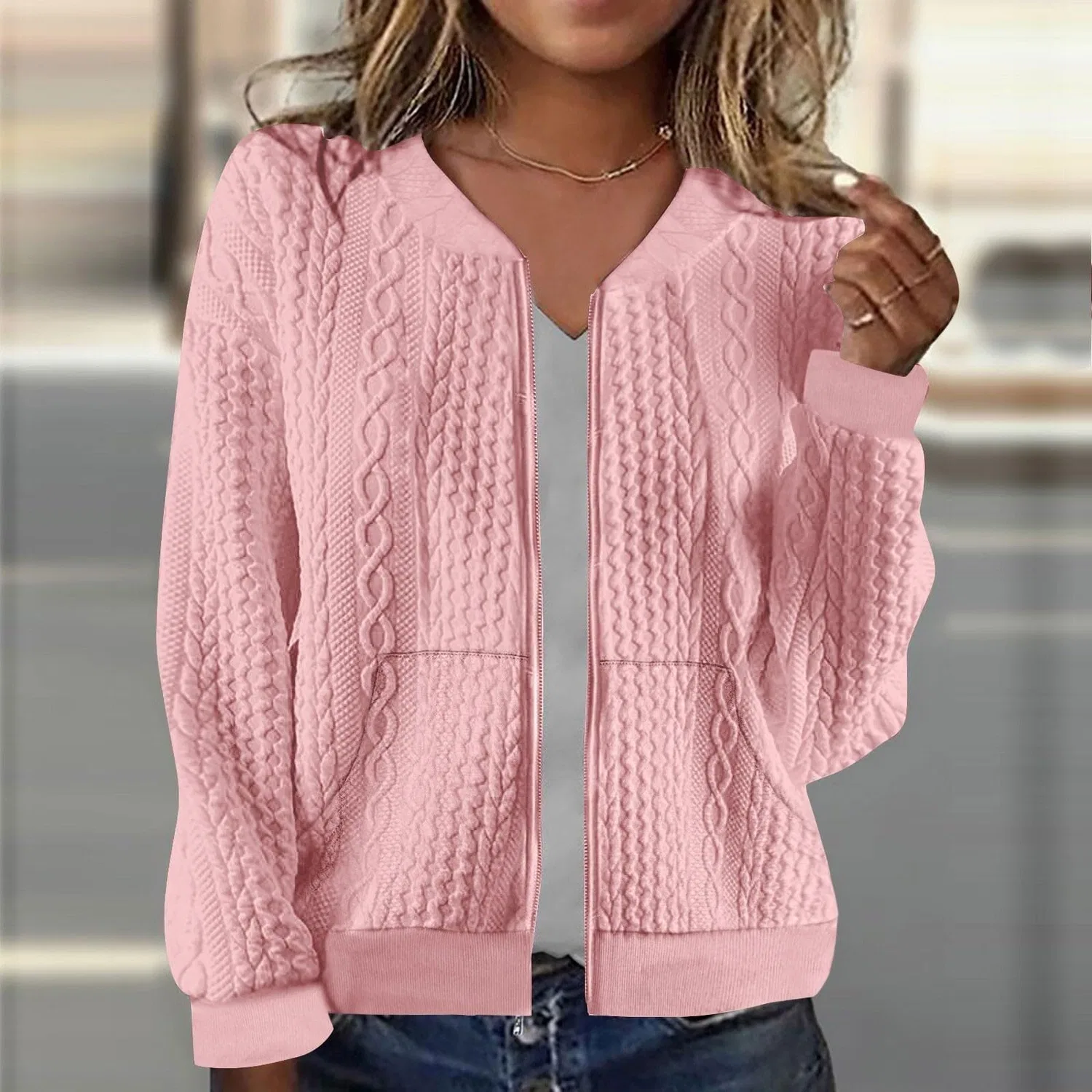Женский утеплённый кардиган на молнии с длинным рукавом, 1-rosa — фото 2