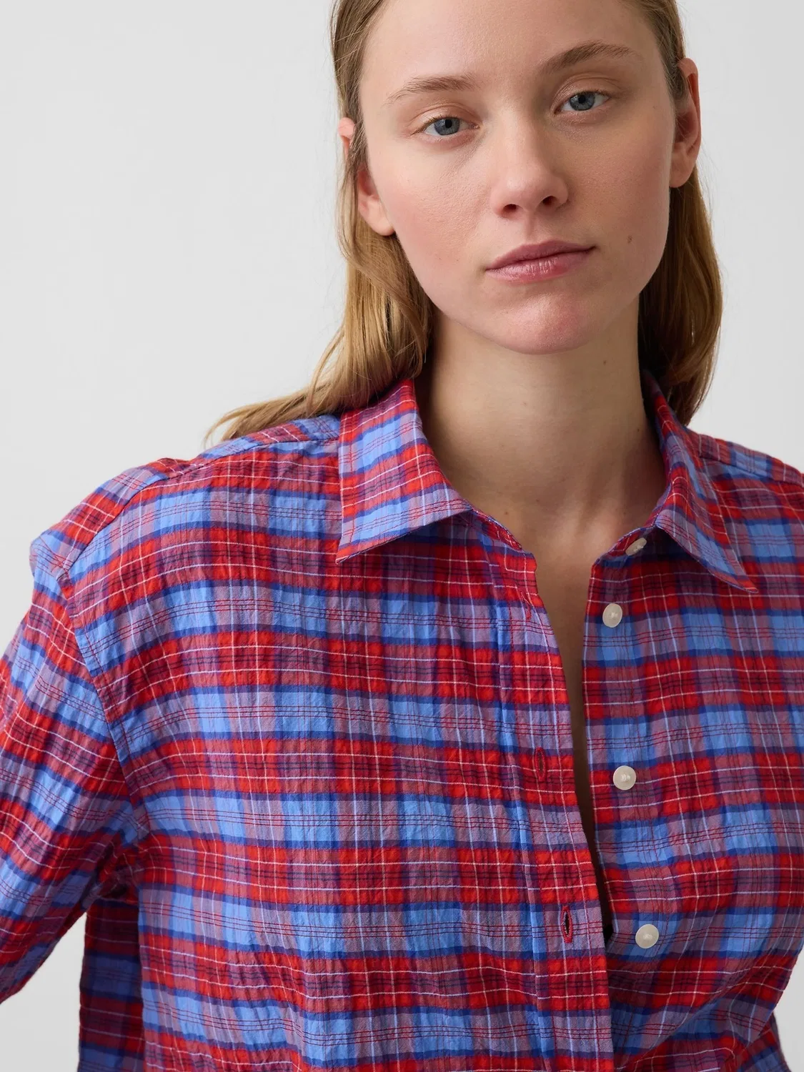 Рубашка оверсайз Gap Red Check Seersucker Check Oversized Shirt, Красный клетчатый — фото 4
