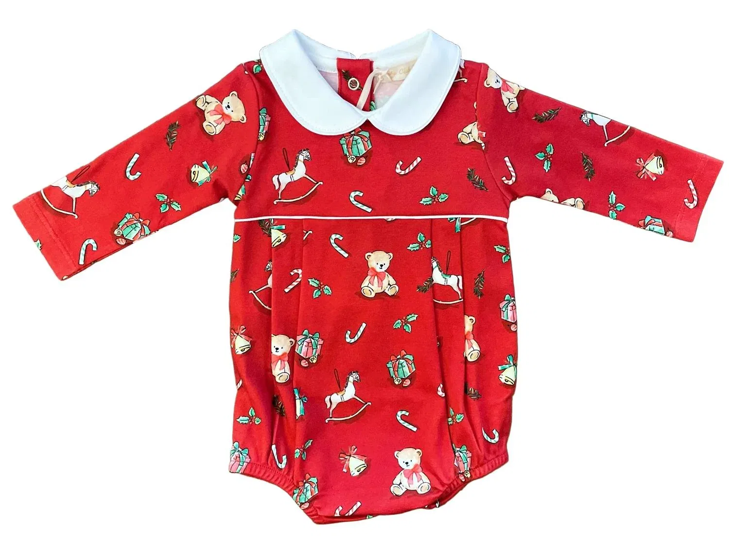 Детский боди-комбинезон с воротником и праздничным принтом Joyful Christmas Baby Club Chic, красный