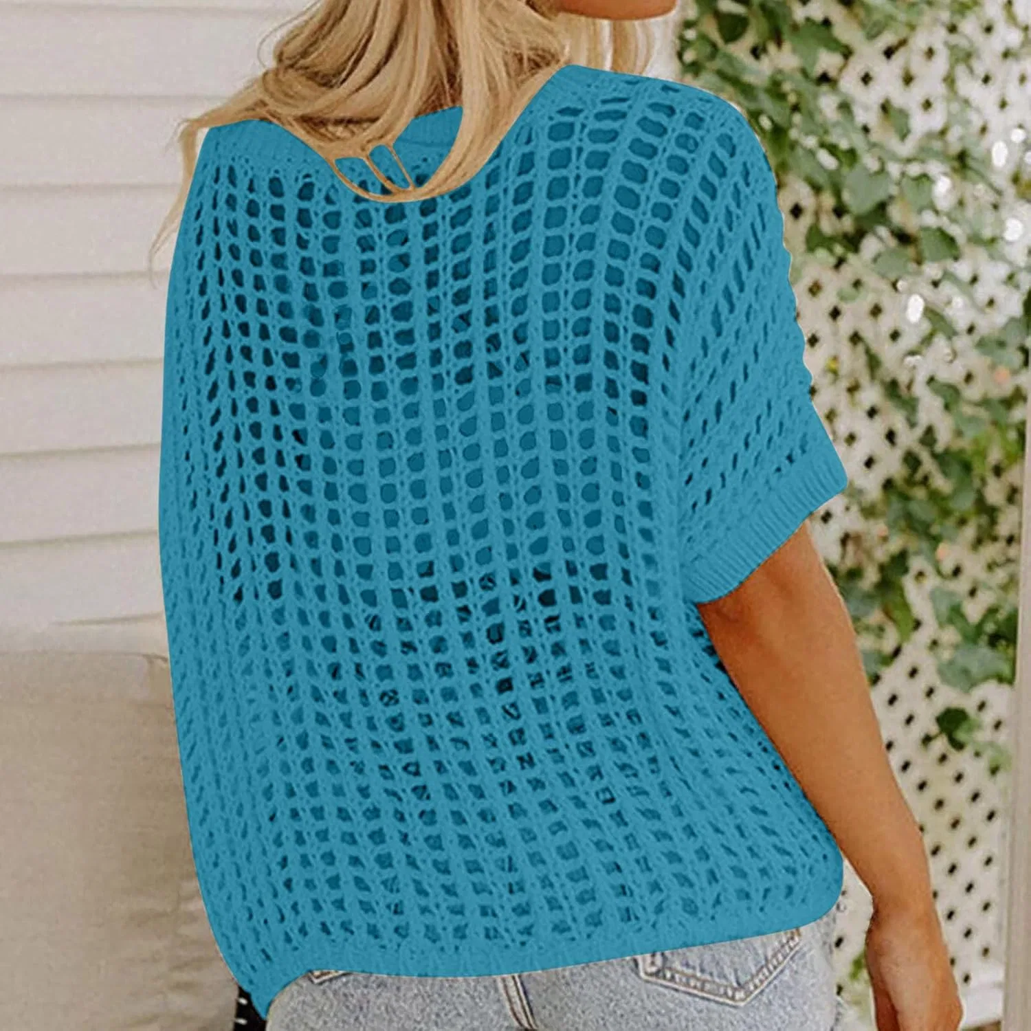 Женский топ-накидка для купальника крючком с коротким рукавом, Sky Blue — фото 2