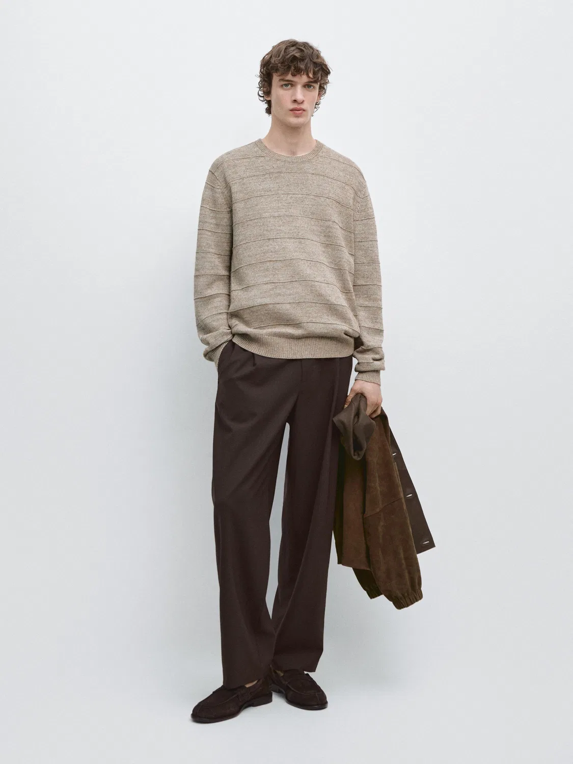 Вязаный свитер в полоску с круглым вырезом Massimo Dutti, Mink