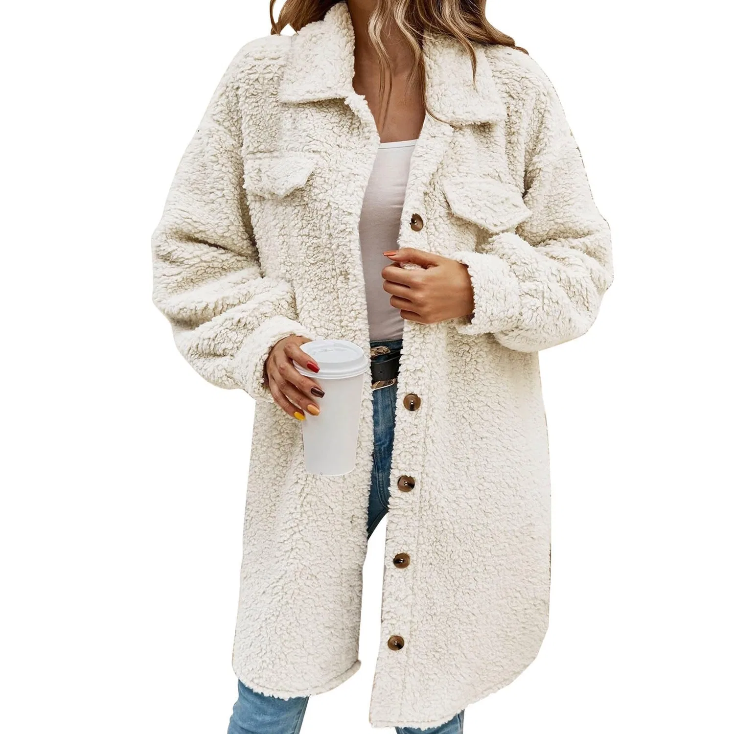 Женское пальто с длинным рукавом, модель Women Winter Coats Fleece Jacket Long Sleeve Cardigan Sweatshirts Open Front Lapel Outerwear, bianco