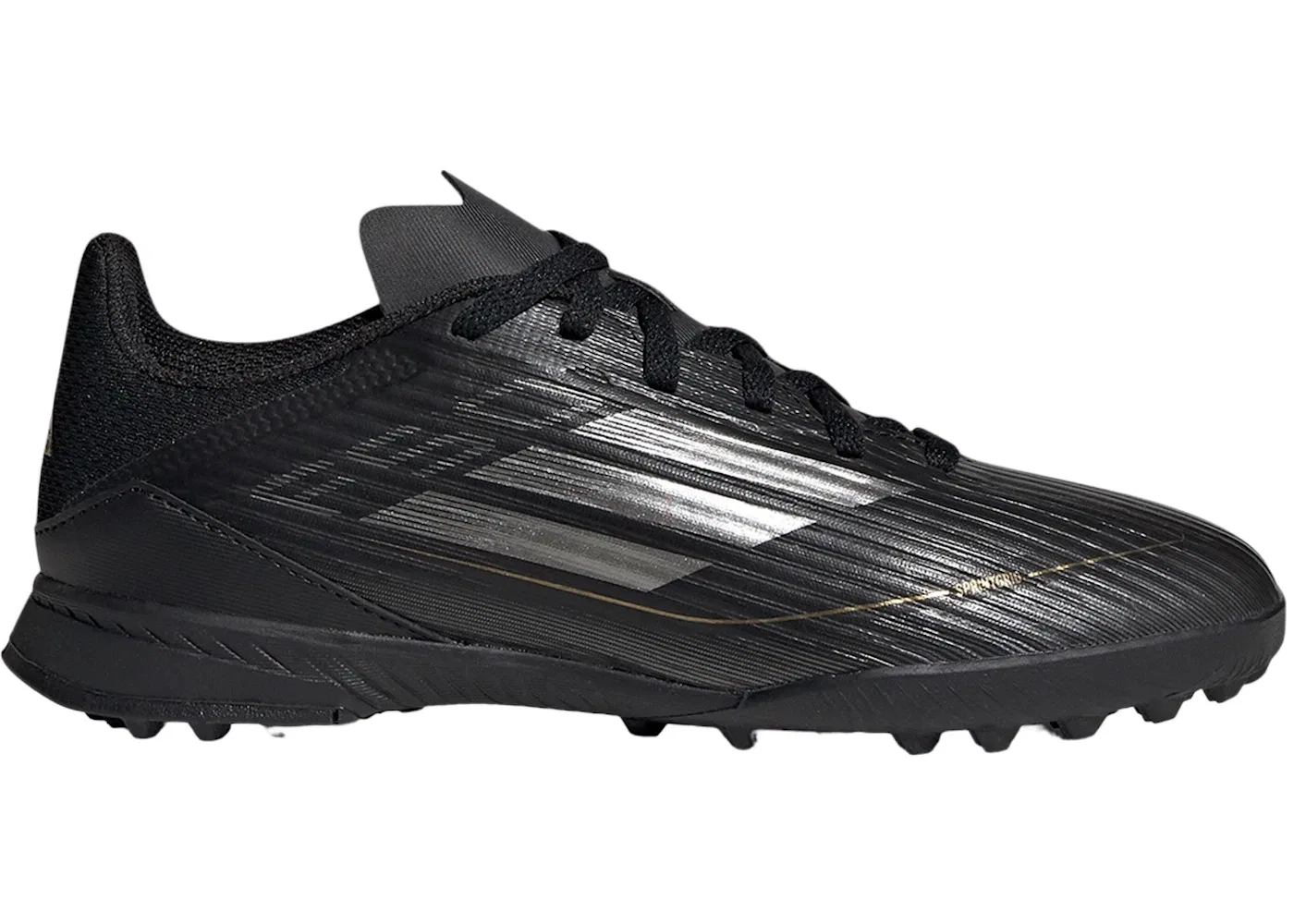 Детские бутсы с покрытием Turf Adidas F50 League, Core Black/Iron Metallic/Gold Metallic