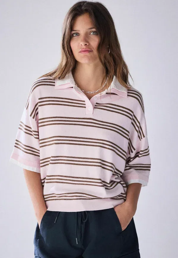 Топ-поло с коротким рукавом, удлиненный крой, полоска, Tall fit, Next, Pink Chocolate Brown Stripe, розовый/коричневый/шоколадный