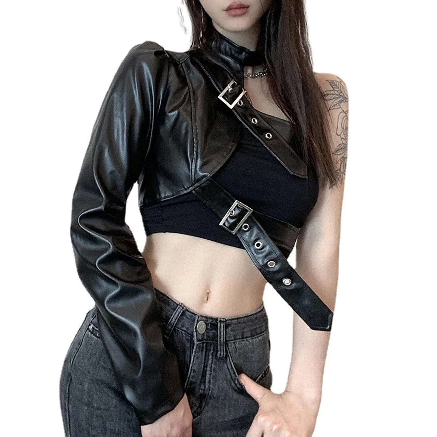 Женская куртка из экокожи с асимметричным кроем Autumn 2023, Black Pu Exterior