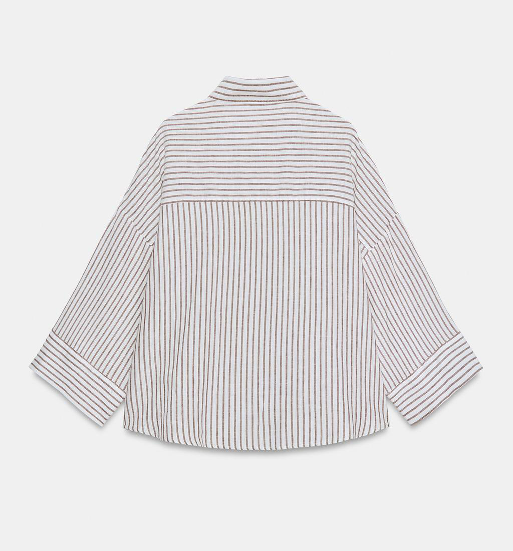 Рубашка Zara Striped Linen Blend, белый/коричневый — фото 2