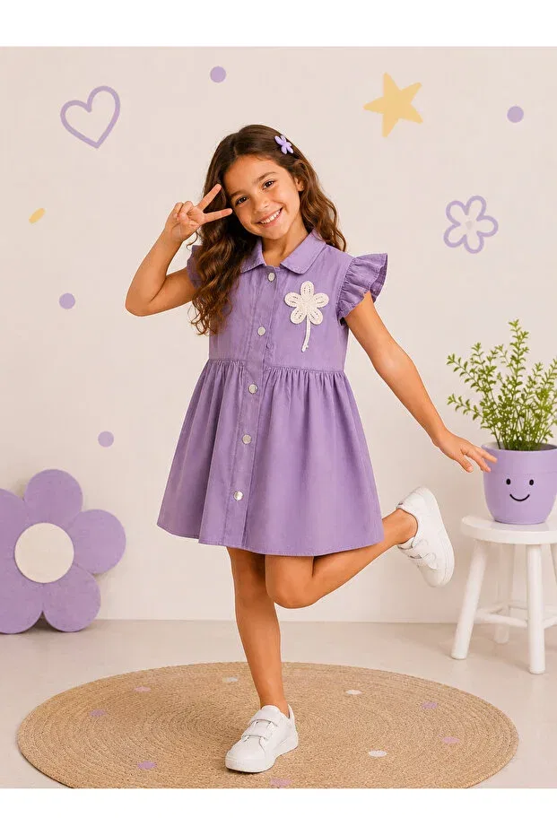 Детское платье для девочек с цветочной аппликацией Tinytrends, Purple — фото 2