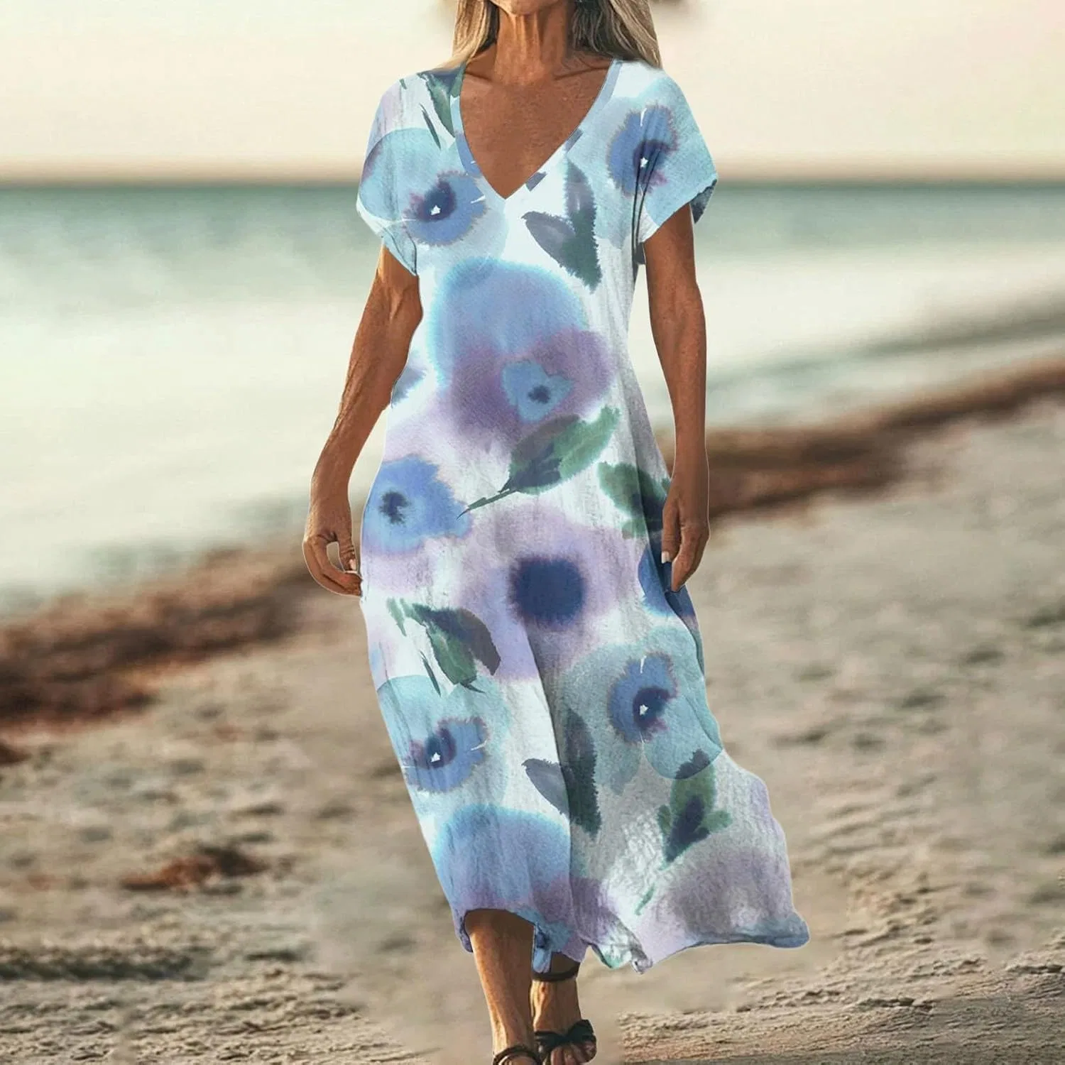 Женское летнее платье макси с V-образным вырезом Floral, Cyan — фото 2
