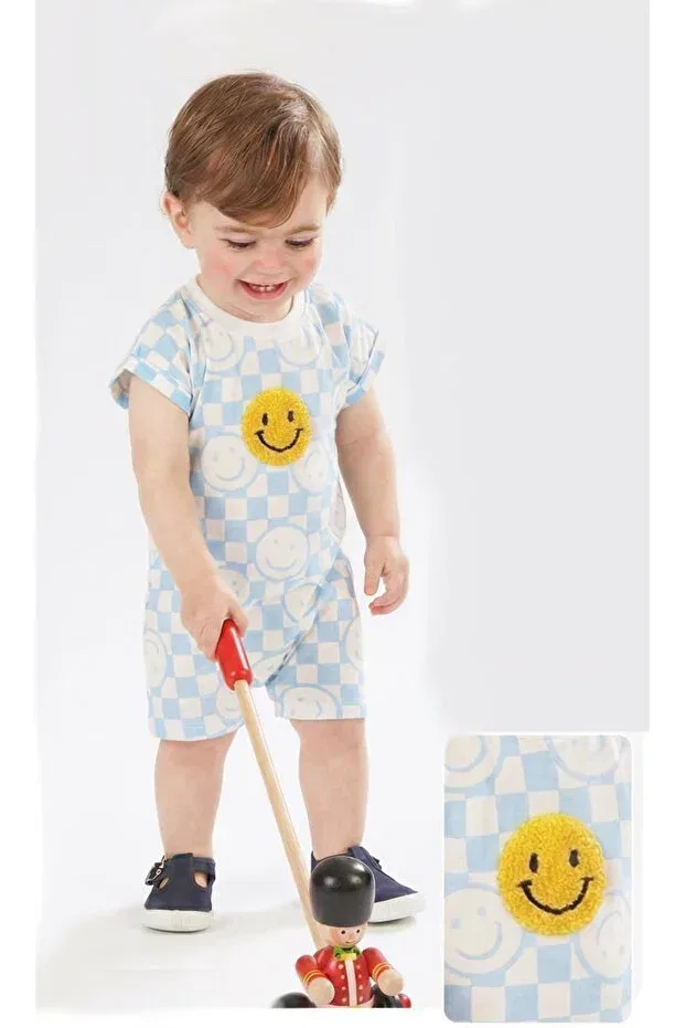 Детский комбинезон для девочек с принтом Smiling Face Detailled Baby Romper Mandalinsbaby, Blue — фото 2