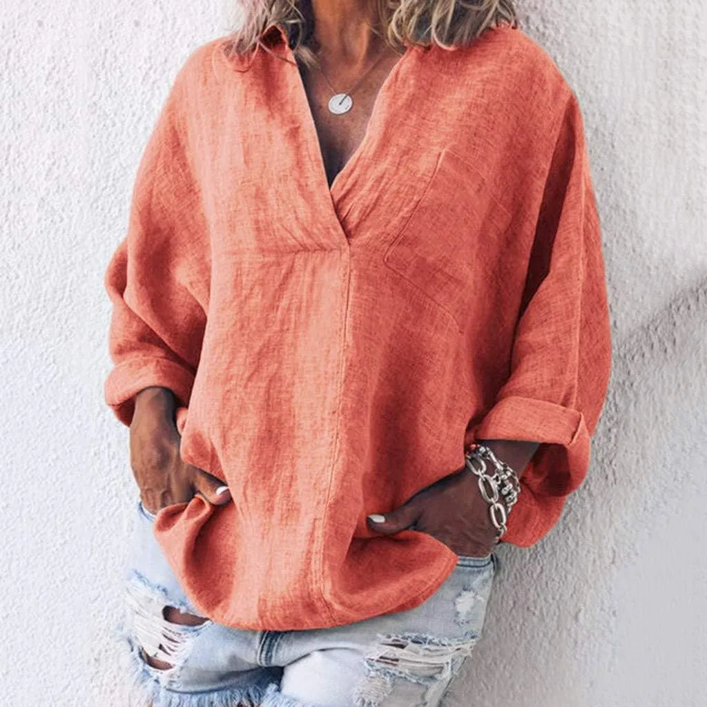 Женская свободная льняная рубашка с V-вырезом Oversized, Orange — фото 2