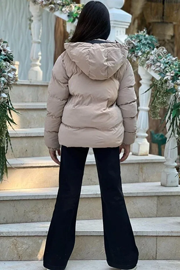 Детское зимнее пальто для девочек без принта на молнии с капюшоном Zaziko Kids, Beige — фото 2