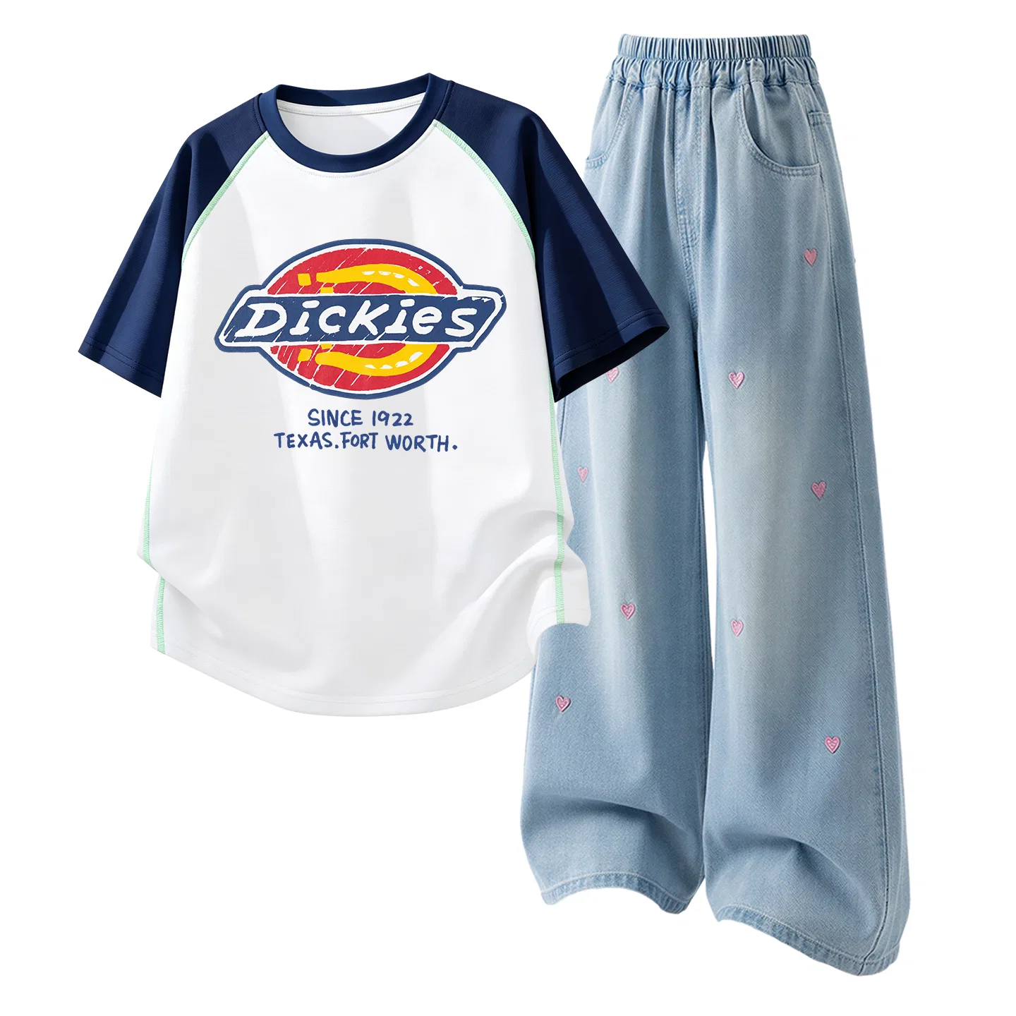 Детский комплект из футболки и джинсовых шорт, с принтом, Dickies, Suede Label White Solid Color Denim Light Blue