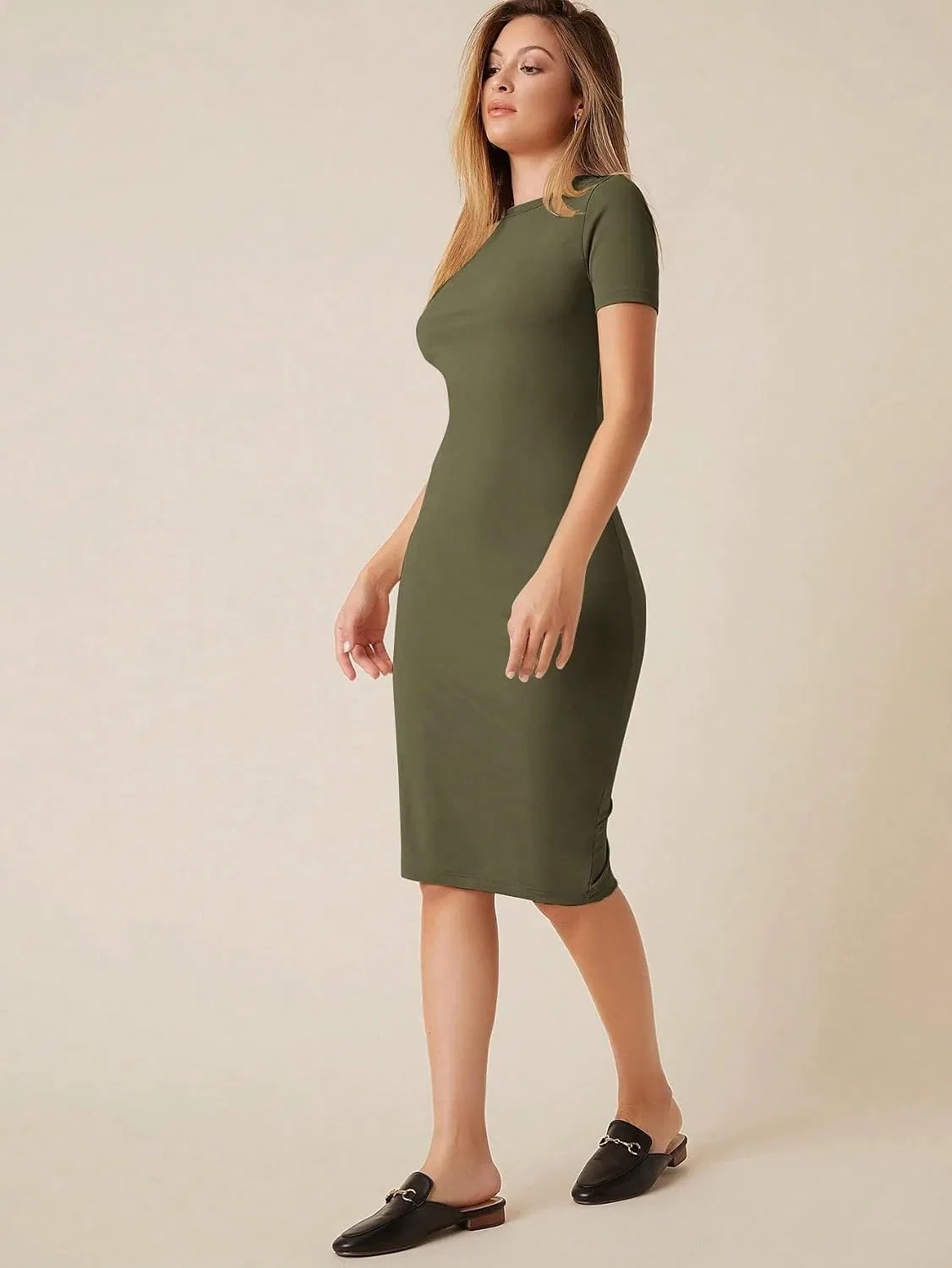 Женское облегающее платье-футляр миди с коротким рукавом Army Green — фото 2