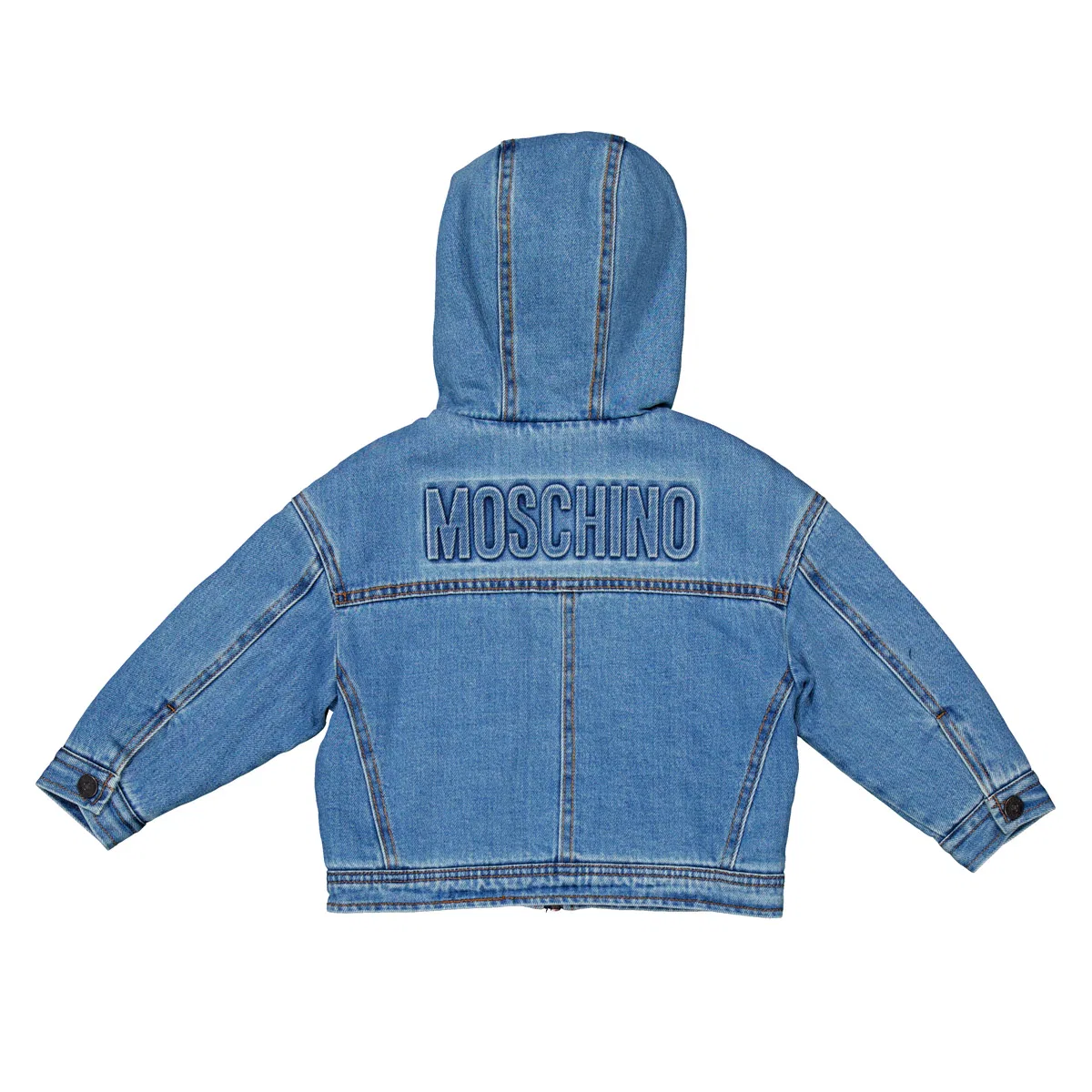 Джинсовая куртка с капюшоном и тисненым логотипом Boys Embossed Logo Hooded Denim Jacket Moschino, Indigo Blue — фото 2