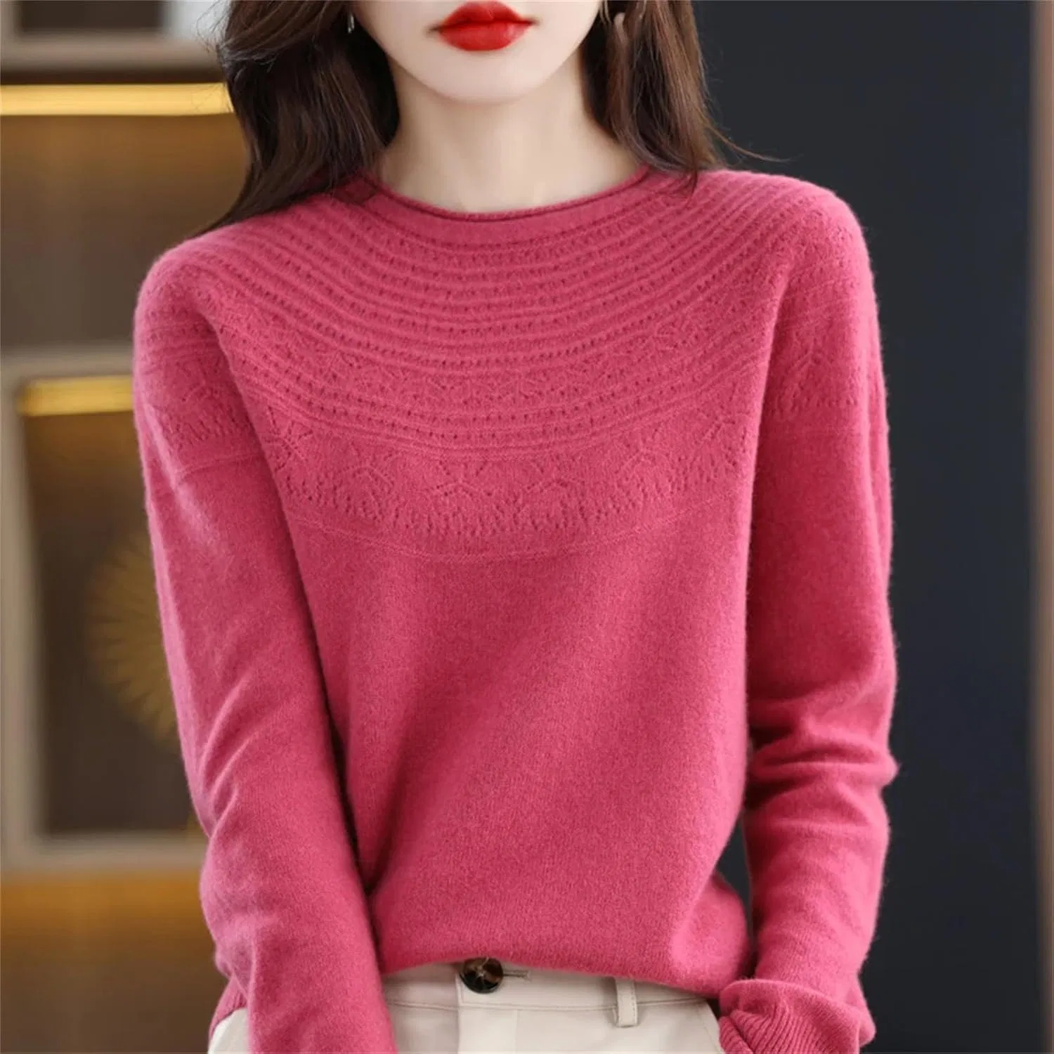 Женский свитер с круглым вырезом, Merino Wool Knitted Sweater, Zu Mu Lv — фото 3