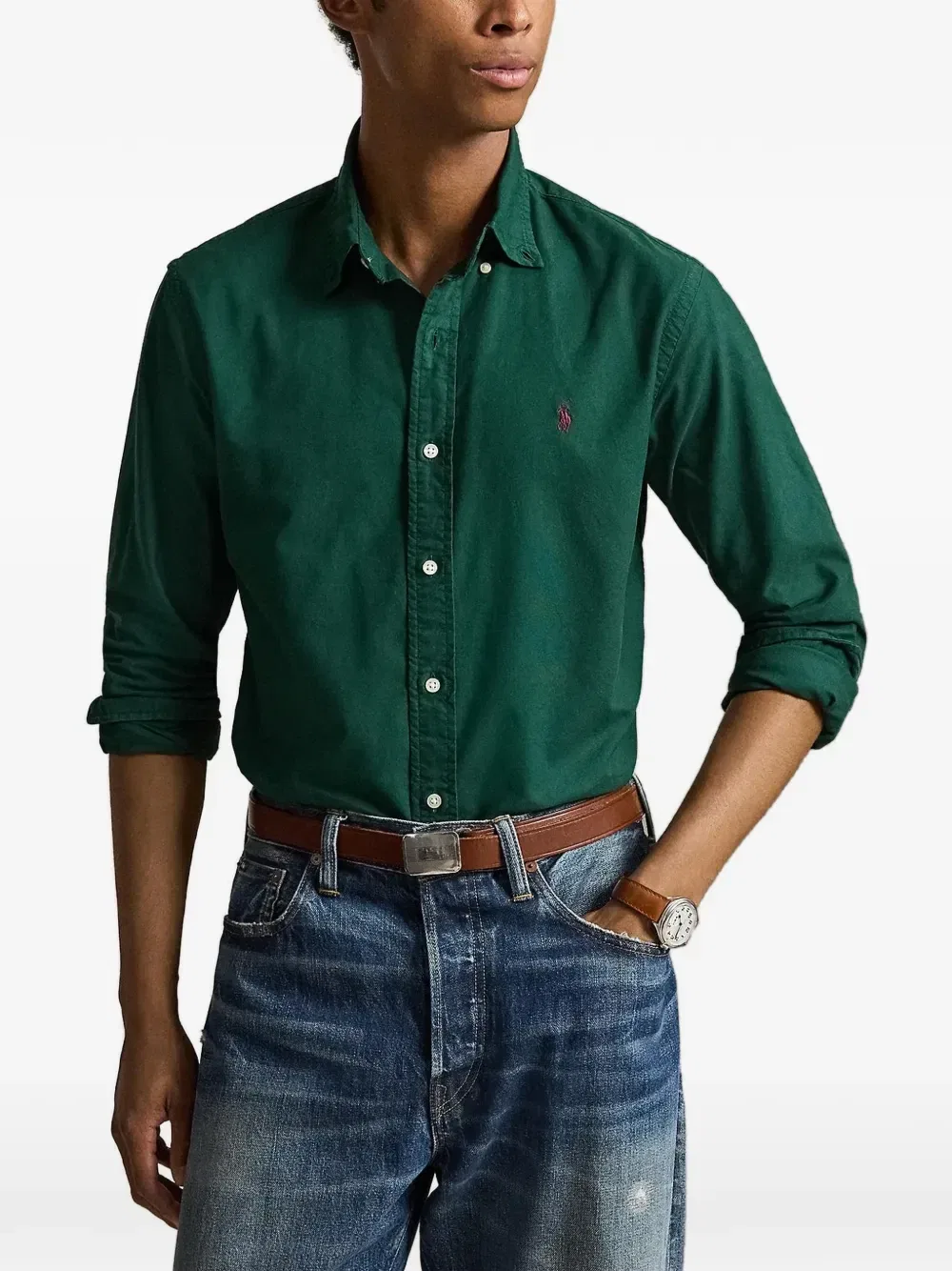 Рубашка на пуговицах с вышитым логотипом Polo Ralph Lauren, зеленый — фото 2