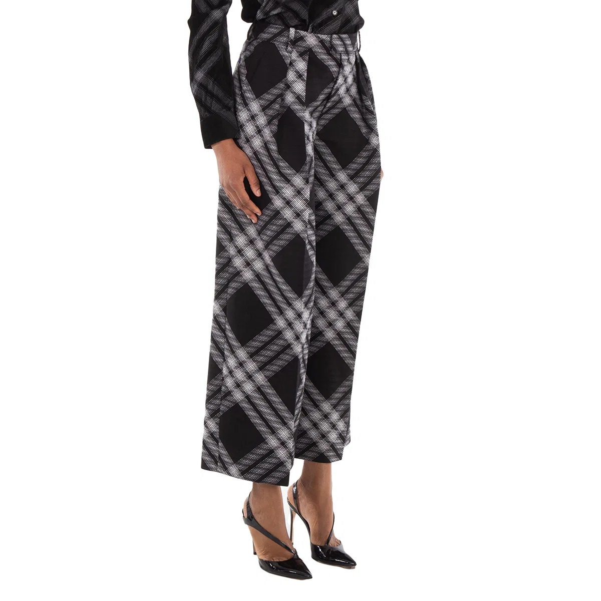Брюки широкие с принтом Wide-Leg Tartan Wool Boyfriend Trousers Burberry, Monochrome Ip Check — фото 2