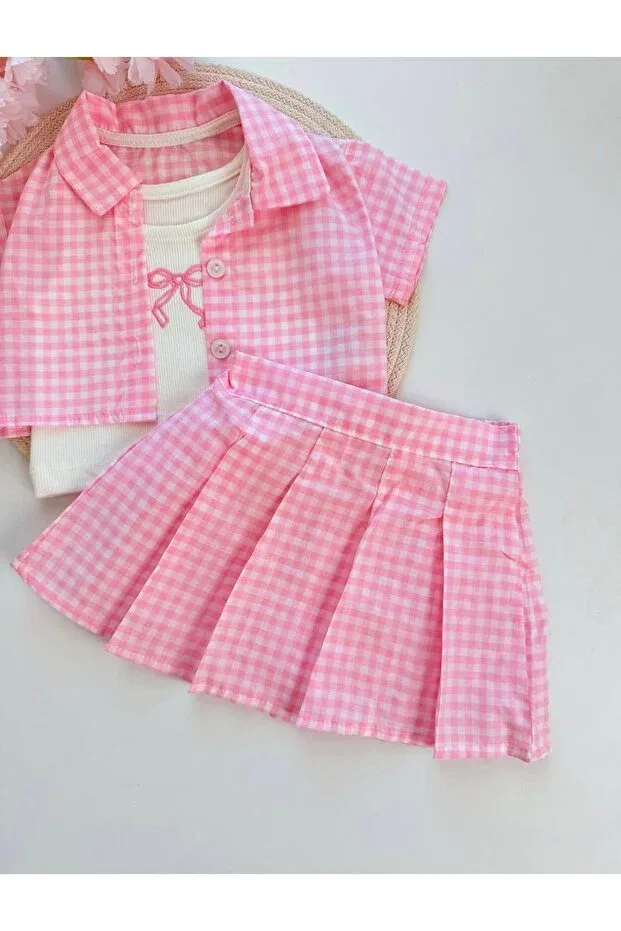 Детский комплект для девочек с полоской Gingham shirt & badi & skirt 3-piece set Bobby Baby, Pink