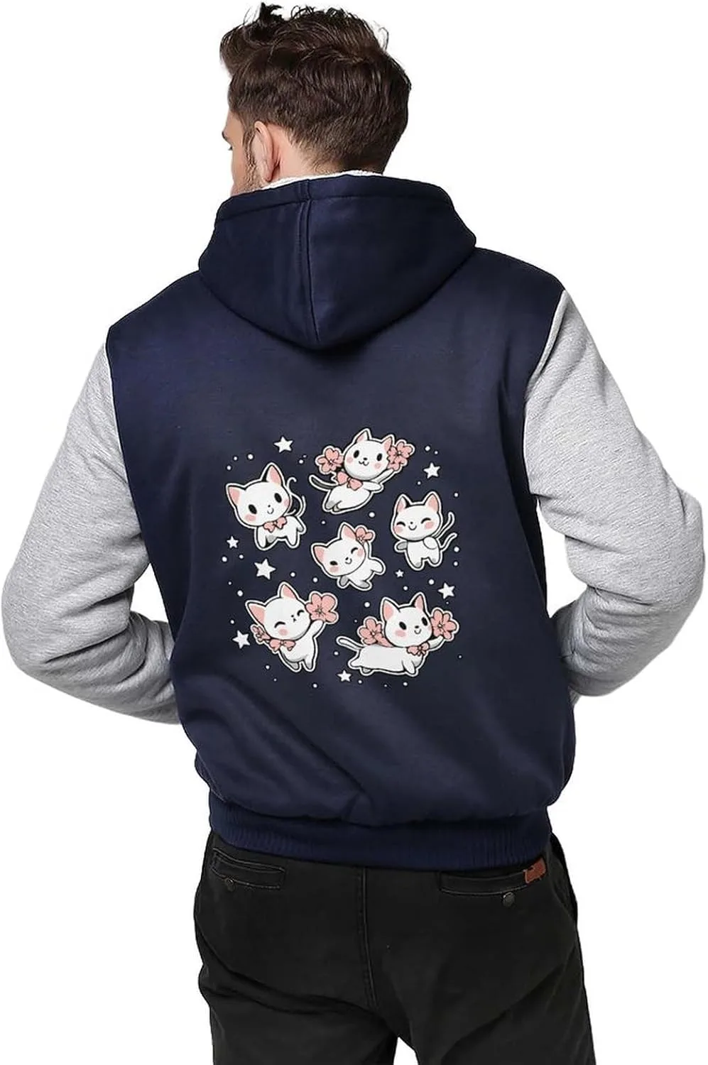 Толстый флисовый худи Coquette Cats для мужчин с карманами на зиму Generic, светло-серый — фото 2