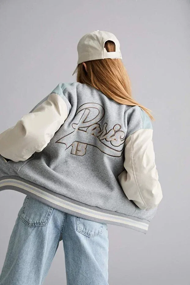 Детское пальто-бомбер с принтом для девочек College Collar Back Printed Bomber Coat Defacto, Gray-Gr379 — фото 3