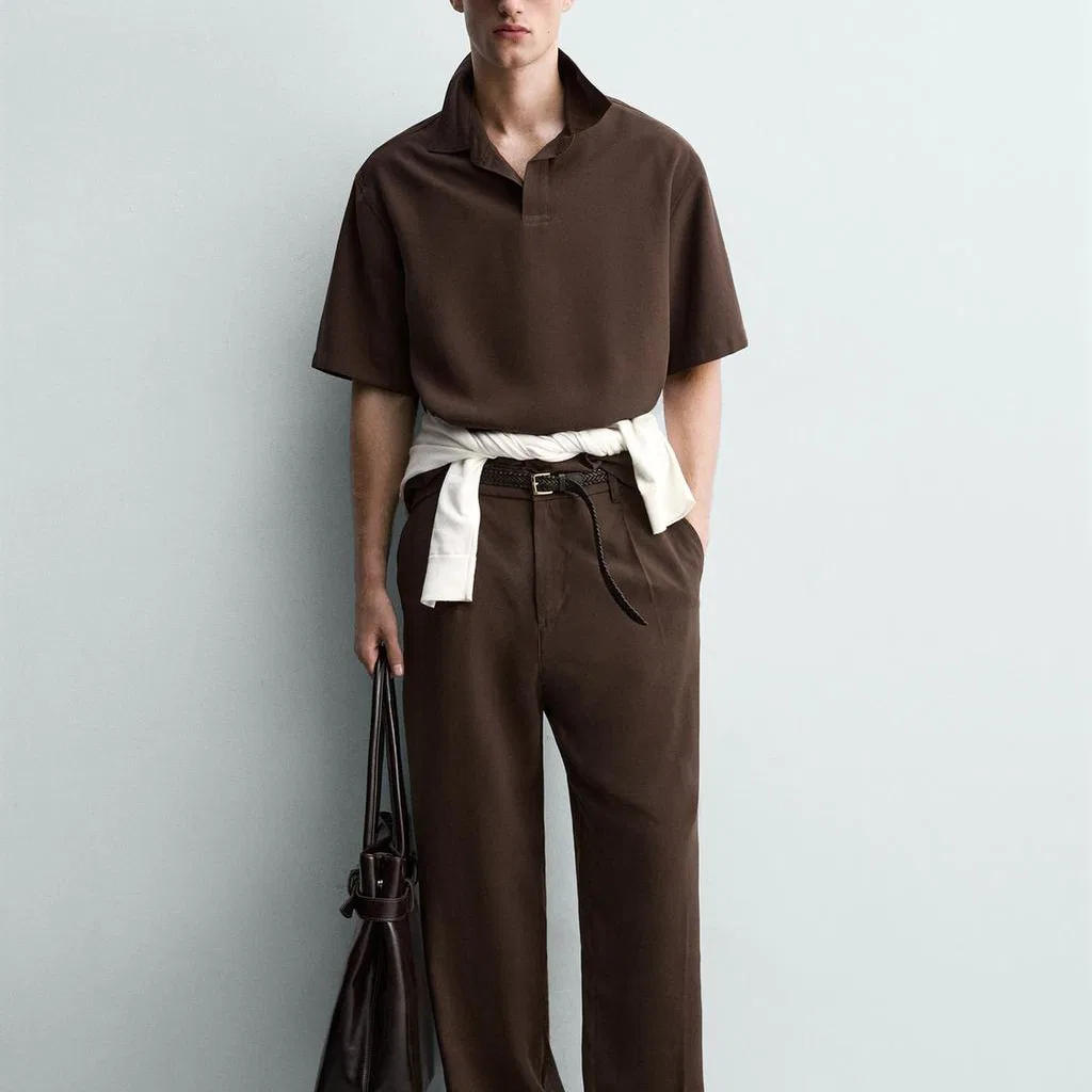 Мужское поло коричневое умеренного прямого кроя ZARA, Brown — фото 4