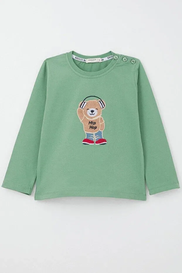 Детская футболка для мальчиков с длинным рукавом Teddy Bear Embroidery Breeze, Mint Green — фото 2
