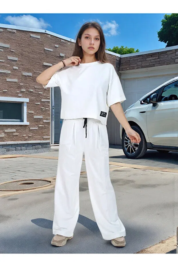 Детский комплект спортивного костюма для девочек хлопковый Soft Textured Oversize Girl's Tracksuit Set Joui Co, White — фото 4