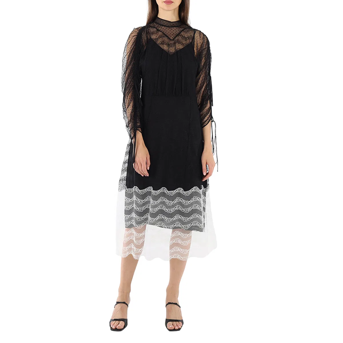Платье с кружевным геометрическим узором Ladies Black Geometric Lace Dress With Gathered-sleeves Burberry, Black