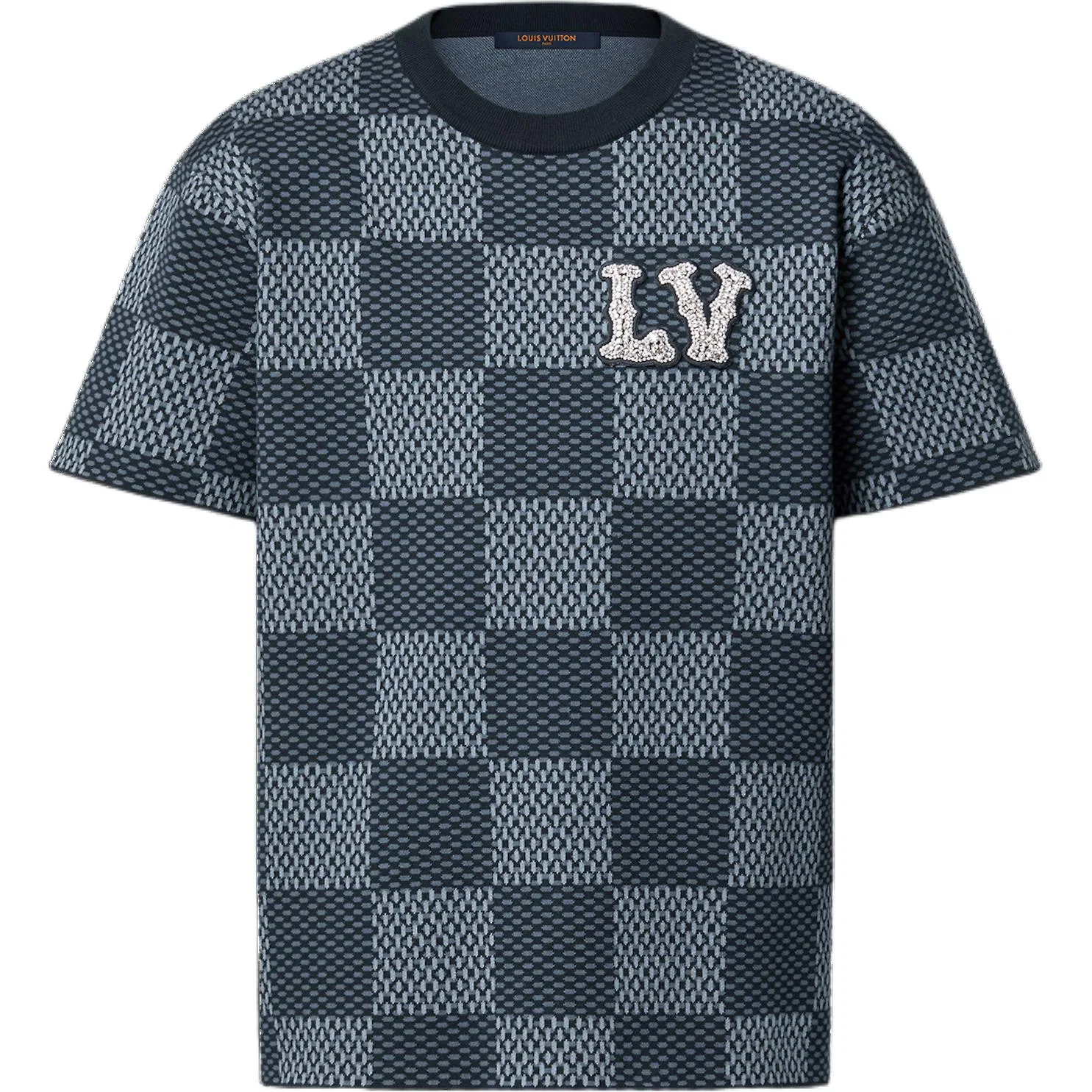 Мужская футболка с принтом Damier Short-Sleeved Crewneck With Lv Crystal Patch LOUIS VUITTON, Indigo