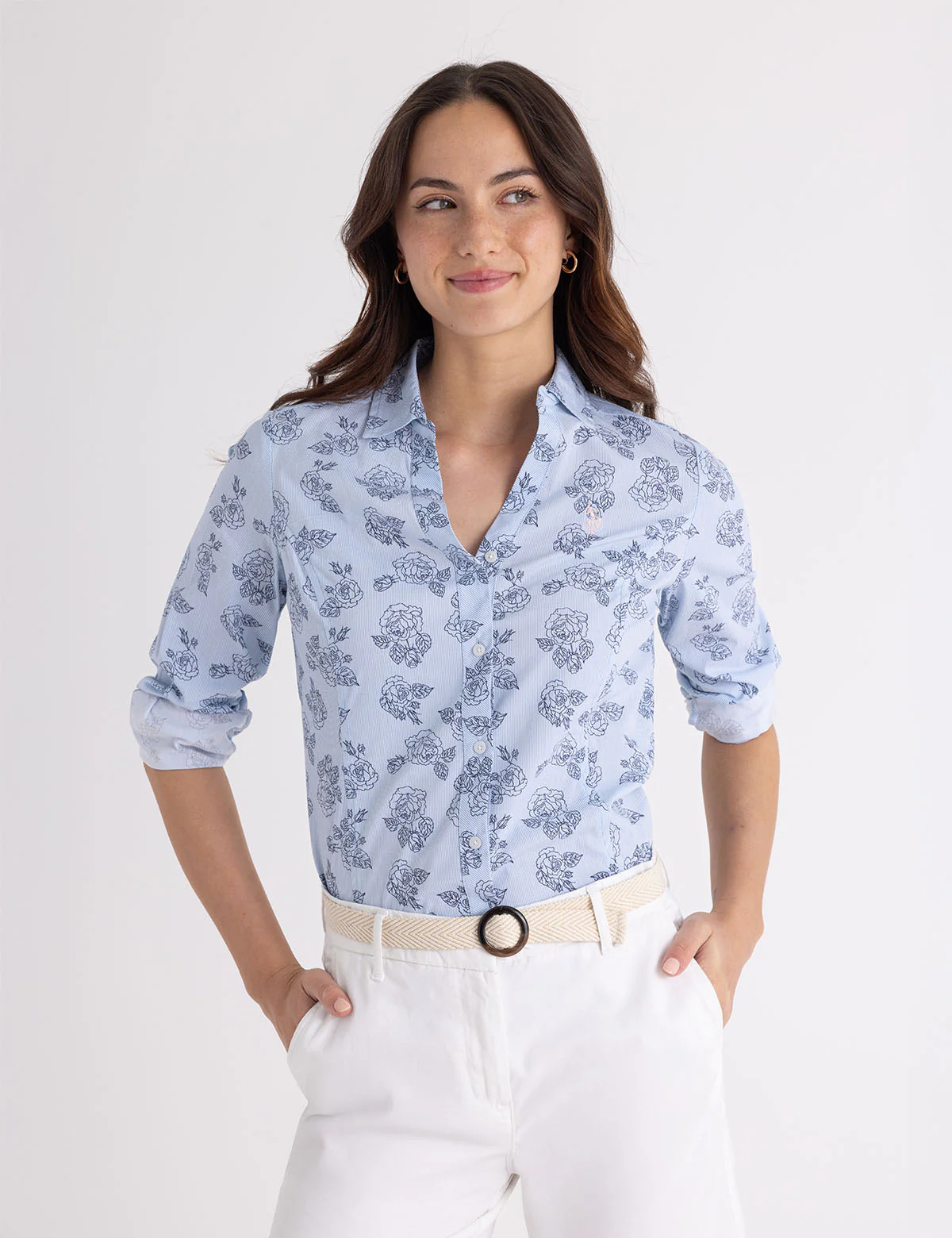

Рубашка U.S. Polo Assn Long Sleeve Fitted Printed Poplin, голубой